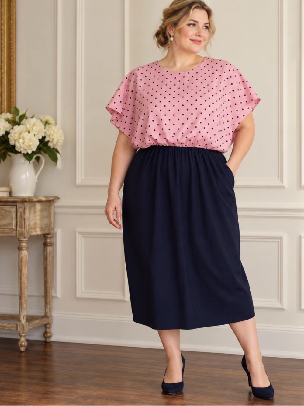 Vintage Pink Polka Dot and Navy Midi Dress